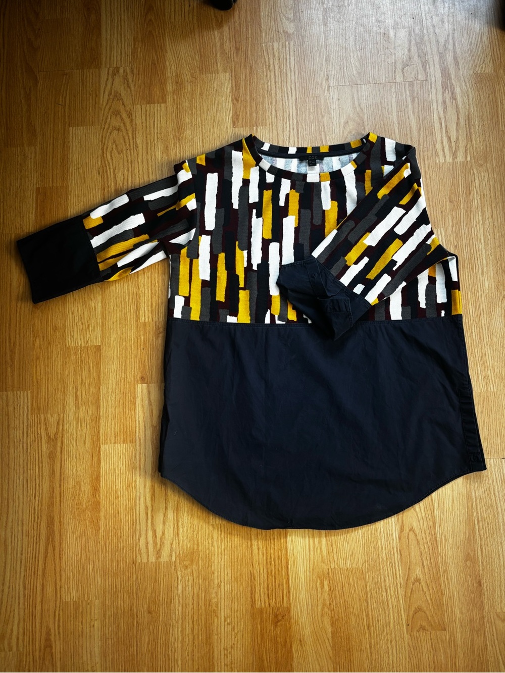 COS tunic oversized navy mustard abstract print artsy boxy 3/4 sleeve small